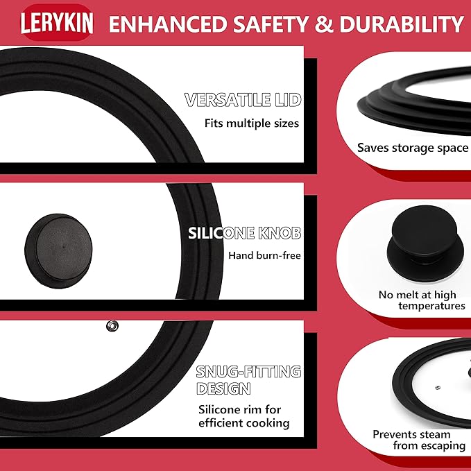 Lerykin Tempered Glass Lid - Universal Lid with Heat Resistant Silicone Rim for Pots, Pans and Skillets - Pan Cover Replacement Lid Fits 10", 11" and 12" Diameter Cookware