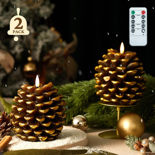 BRONYPRO 2 Pcs Pinecone Flameless Candles with Remote Timer,LED Candles Battery Operated for Christmas,Real Wax Pine Cone Flickering Candles for Holiday Indoor Decoration,Set of 2,Brown(5.5" X 4.5")