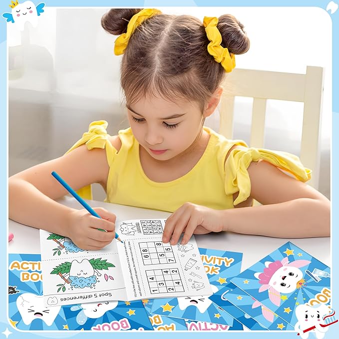 Tooth Activity Books for Kids - 48Pcs Cute Tooth Fairy Mini Games Coloring Book Set Bulk Cartoon Novelty Teeth Themed Mazes Word Search Word Scramble Games for Classroom DIY Art Gifts Party Favors