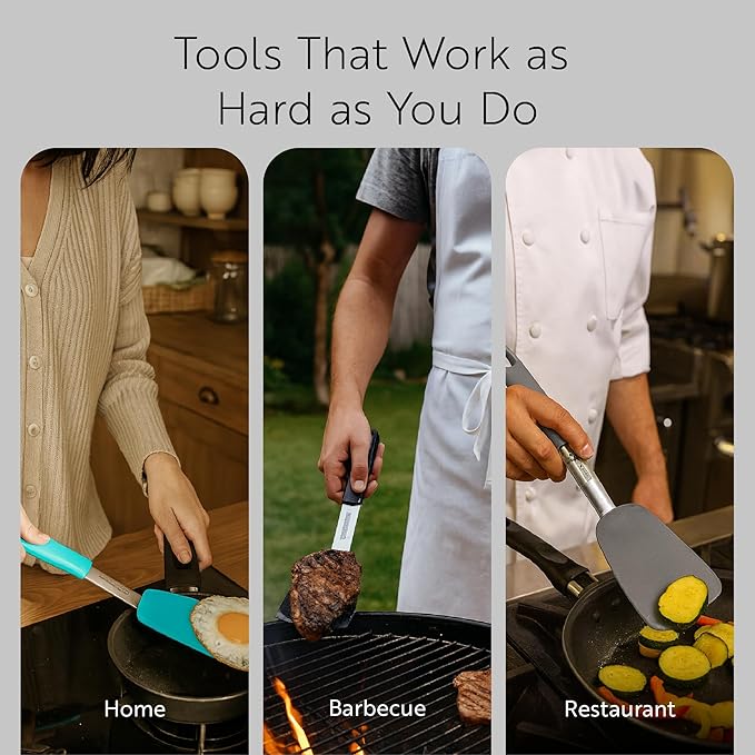 Restaurantware Comfy Grip 13.3 x 4 Inch Silicone Turner 1 Durable Cooking Turner - Stainless Steel Body Rubber Handle With Hole Gray Silicone Flipper Spatula Tolerates Up To 446F Dishwashable