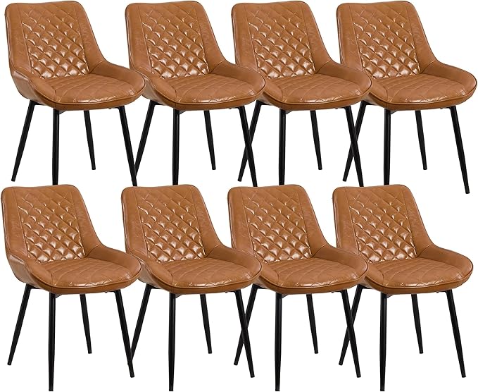 Dining Chair Set of 8, Modern Dining Chairs with Thick Cushions, Faux Leather Upholstered Kitchen Dining Room Chairs with Metal Adjustable Legs for Dining Living Room, Brown