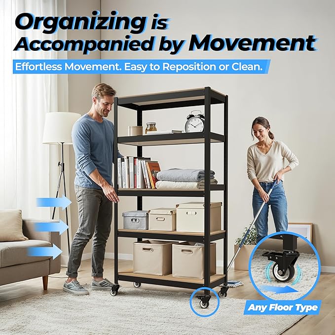 HOMEDANT House 5-Tier Metal Rolling Cart Shelf Rack Casters Heavy Duty Laminated Wheel Shelving Unit Adjustable Utility Storage Shelves Organizer Shelf Kitchen Garage 24.4" W x 16.5" D x 62.2" H 1Pack