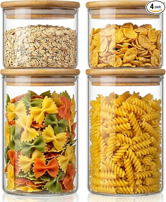 32oz & 21oz - 4 Pack Glass Jars with Bamboo Lids, Glass Pantry Storage Containers with Airtight Lids, Round Air Tigh Food Storage Canisters for Cereal, Pasta, Flour, Sugar, Best for Kitchen Organizer