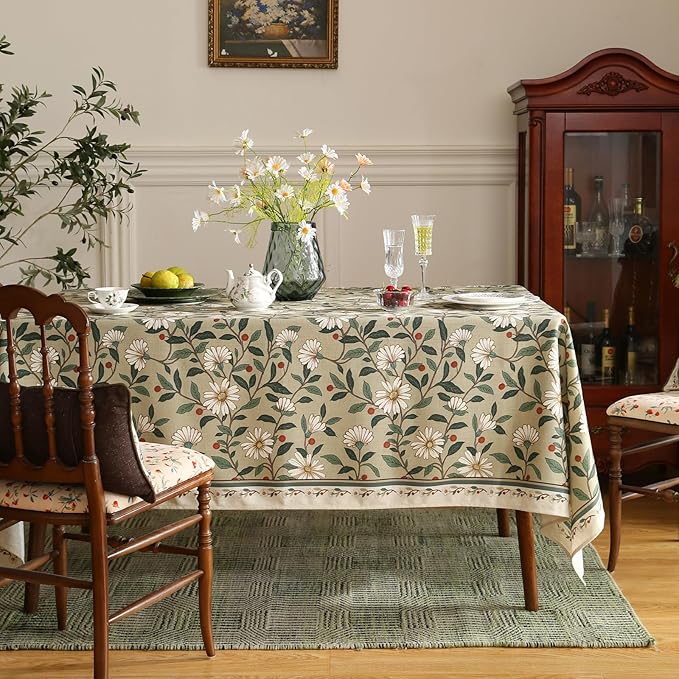 ISAENNE Designer Green Linen Tablecloth Rectangular,Floral French Country Indoor Table Cloth,Stain Resistant Home Decor Tablecloths for Dining Kitchen Thanksgiving Party,55"*87"-Brune