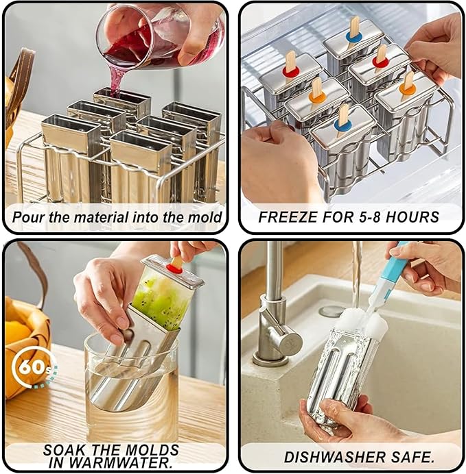 Set of 6 Stainless Steel Popsicle Molds Kit, Homemade Ice Treat Makerwith 50 Wooden Sticks and 6 Silicone Seals and 20 Pop Bags,Cleaning Brush（Square）
