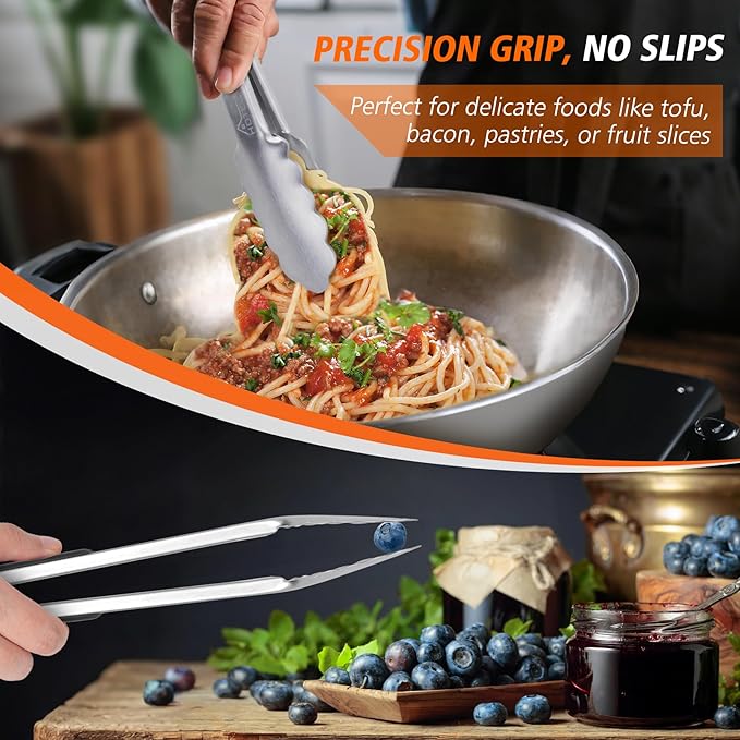 Hotec Stainless Steel Kitchen Tongs, Set of 3-7", 9" and 12", Locking Metal Food Tongs for Cooking, Serving, BBQ, Grill Non-Slip Grip