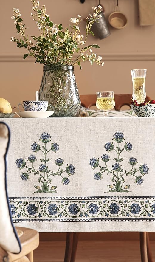 patdrea Designer Linen Vintage Blue Long Rectangle Tablecloth,Leaves Pattern Durable Floral Table Cloth,French Table Cover Cloth Decor for Kitchen Dining,Thanksgiving,Party,63"x102"-Ivar B