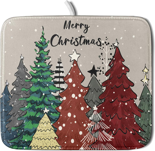 Christmas Trees Dish Drying Mat Winter Holiday Kitchen Dishes Pad 16x18 Inch Absorbent Reversible Fast Dry Draining Rack Pad for Countertop