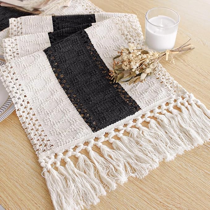 FEXIA Boho Table Runner for Home Decor with Tassels 90 Inches Long,Black Farmhouse Rustic Table Runner Macrame Burlap Table Decoration for Living Room Bridal Shower(12x90 Inches)