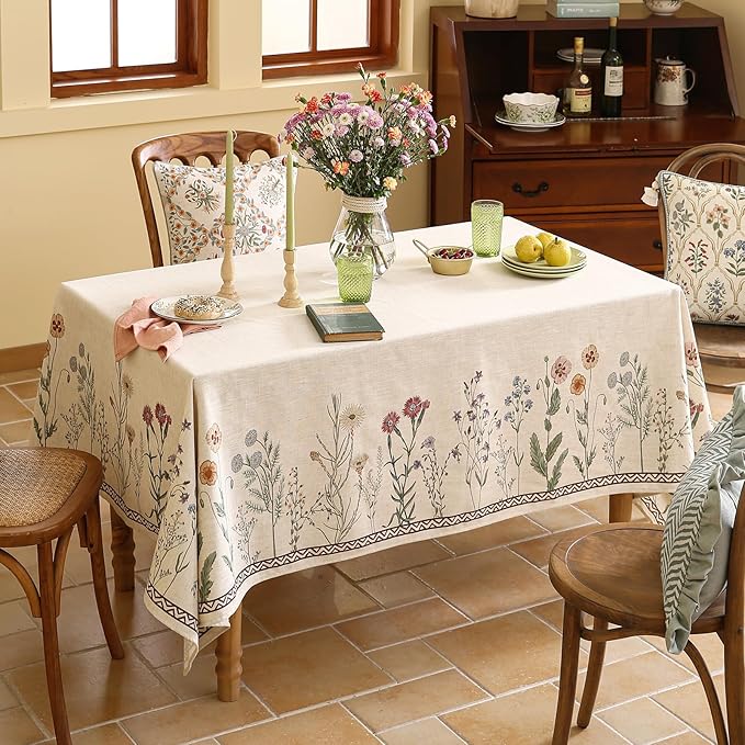 ISAENNE Designer Off White Linen Extra Long Rectangle Tablecloth,Floral Elegant Table Cloth,Stain Resistant Vintage Decor Tablecloths for Dining Thanksgiving Kitchen Party,67"*118"-Serenity G
