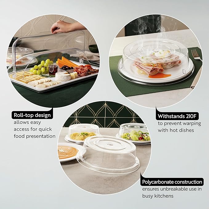 Restaurantware Cater Tek 10.2 Inch Polycarbonate Plate Cover 1 Shatterproof Dish Cover - Dishwashable Endures Up To 210F Clear Plastic Splatter Cover With Finger Hole For 10-Inch Plates