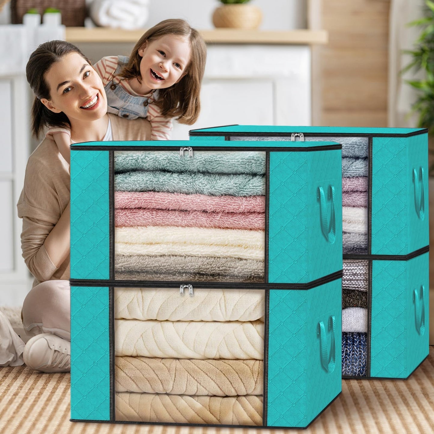 Fab totes 8 Pack Clothes Storage, Foldable Thick Fabric Blanket Storage Bags, Containers for Organizing Bedroom, Closet, Clothing, Comforter,Closet Organization with Handle,Green