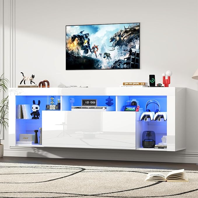 71" Floating High Gloss LED TV Stand for up to 85" TVs, Wall-Mounted Entertainment Center, Modern Media Console w/USB Outlets, Open Adjustable Glass Shelf&Hidden Storage Cabinet, White