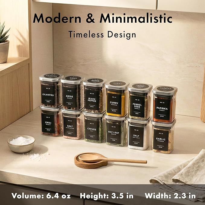 EDELHAUS Glass Spice Jars with Labels and Steel Lids (12 x 6.4oz) Spice Containers with 160 Label, Steel Funnel, Shaker Inserts, Empty Square Seasoning Organizer for Spice Rack, Cabinet, Drawer