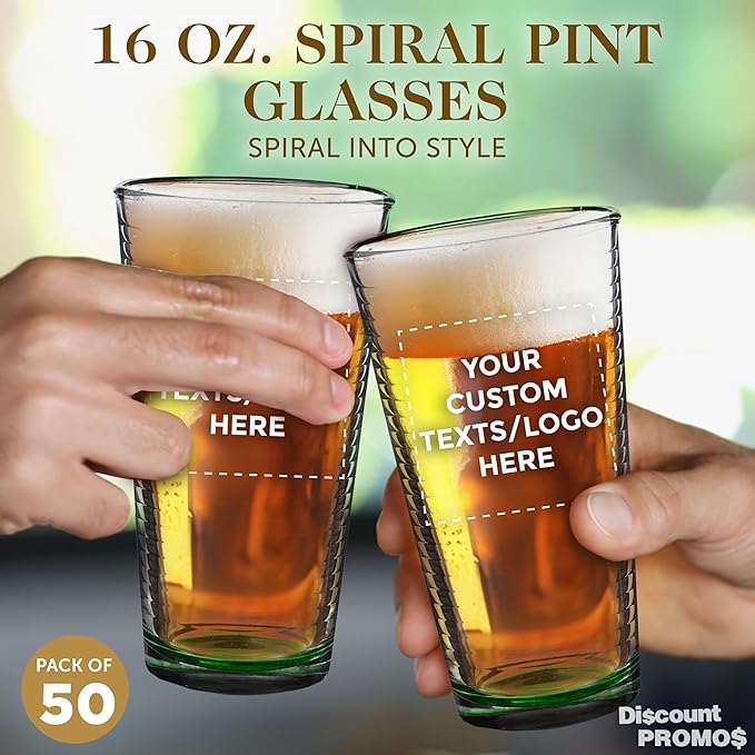 Custom Spiral Pint Glass 16 oz. Set of 50, Personalized Bulk Pack - Beer Glasses, Heavy Duty Drinkware - Green