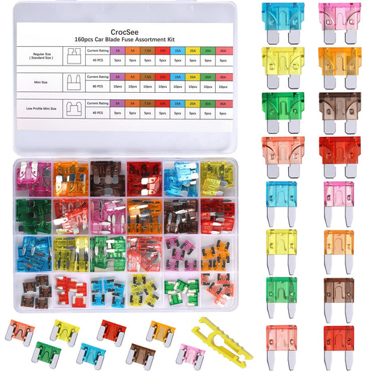 CrocSee 120 Pieces - Car Fuses Assortment Kit, Blade-Type Automotive Fuses - Standard & Mini Size (2A/3A/5A/7.5A/10A/15A/ 20A/25A/30A/35A/40A), Replacement Fuses for Car/RV/Truck/Motorcycle/Boat