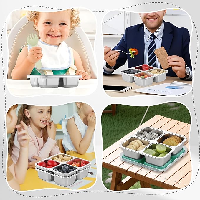 4 Pack Stainless Steel Snack Containers with Lids 4 Compartment Food Storage Containers for Adults Meal Prep Reusablele for work or going out. (BLUE, 4)