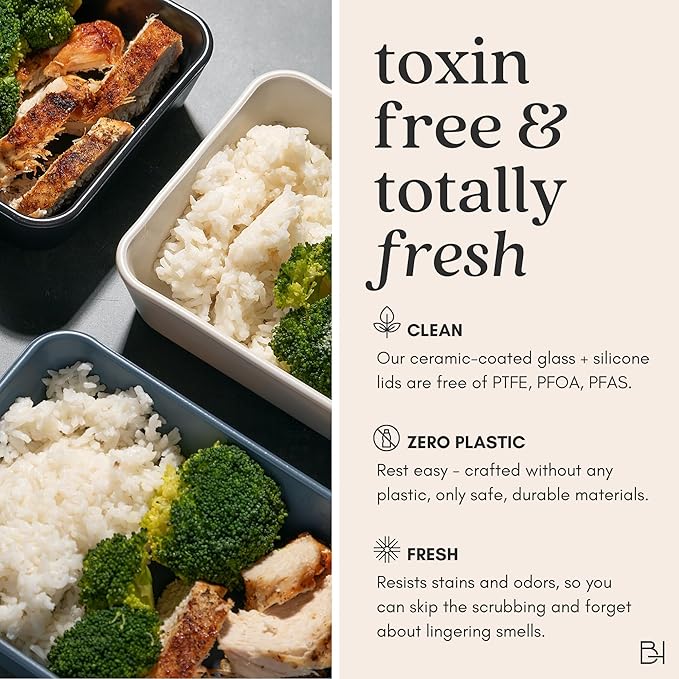 Ceramic Coated Glass Food Storage Container | No PTFE, PFOA, PFAS, and BPA | Reusable Non Toxic Meal Prep Container with Glass Lid | Easy To Store | 8 Cup Square [Willow]