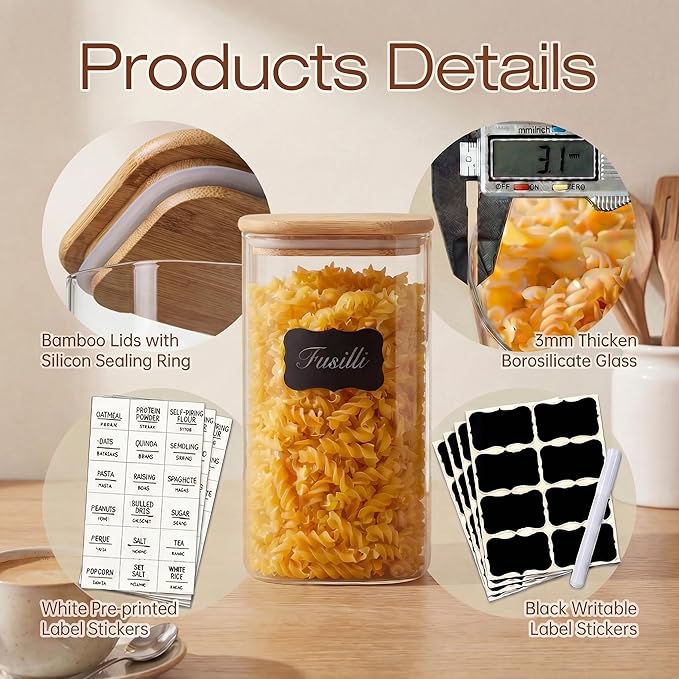 Extra Large Square Glass Flour & Sugar Storage Containers with Airtight Lids, 132 floz & 63 floz - 2 Pack Glass Jars with Bamboo Lids, Air tight Food Storage Containers for Cereal, Pasta, Rice