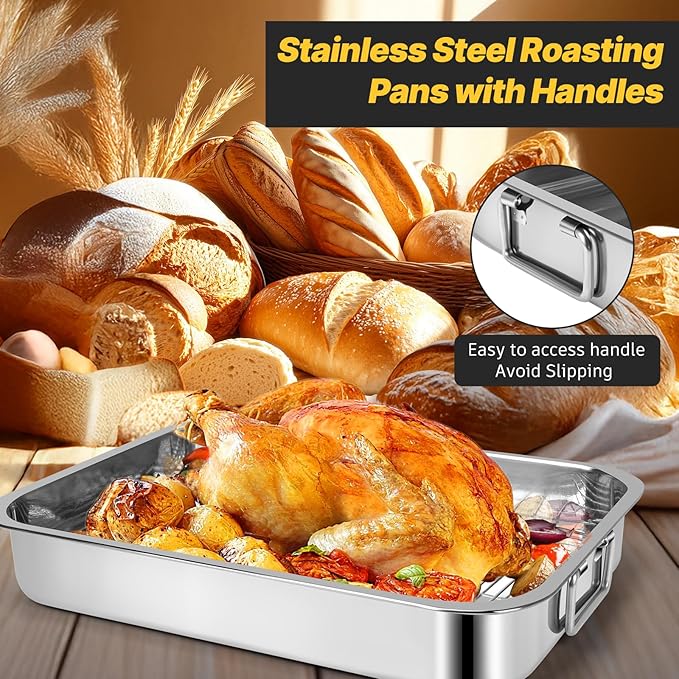 15.5" Stainless Steel Roasting Pans with Handles, Baking Pan for Oven with 2 Racks, Heavy Duty, Dishwasher Safe Rectangular Lasagna Pan with Handles for Turkey Chicken, Silver