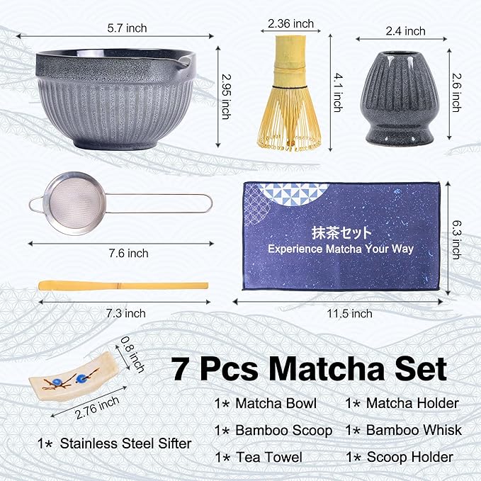 Matcha Whisk Set, Ceramic Matcha Bowl with Spout, Bamboo Whisk, Scoop, Ceramic Holders, Stainless Sifter, Towel, Perfect 7pcs Matcha Starter Kit for Tea Ceremony, Japanese Tea Making Tools (Grey)