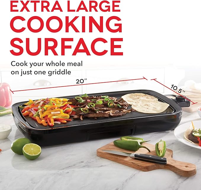 Dash Everyday Nonstick Electric Griddle for Pancakes, Burgers, Quesadillas, Eggs & other on the go Breakfast, Lunch & Snacks with Drip Tray + Included Recipe Book, 20in, 1500-Watt - Black