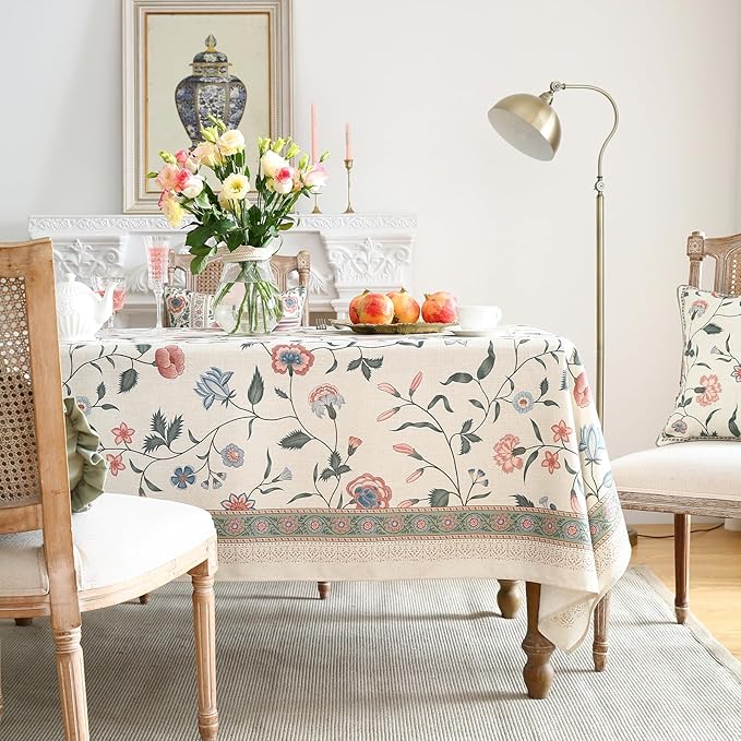 ISAENNE Designer Chinoiserie Linen Floral Table Cloth for Rectangle Table,White Wrinkle Resistant Tablecloth,Elegant Decor Tablecloths for Dining Thanksgiving Kitchen Party,55"*79"-Daffy