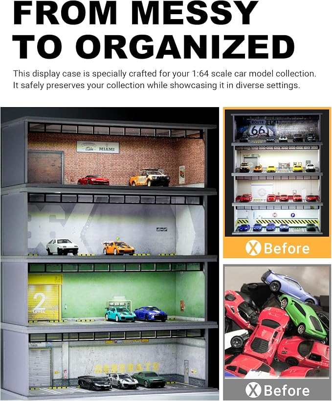 1/64 Scale Display Case Car Garage Moldel, Acrylic Cover Diecast Car Show Case with LED Light 6 Parking Spaces, Hot diecast Wheel Parking Scene (Vehicles Not Included) Underground Parking Lot