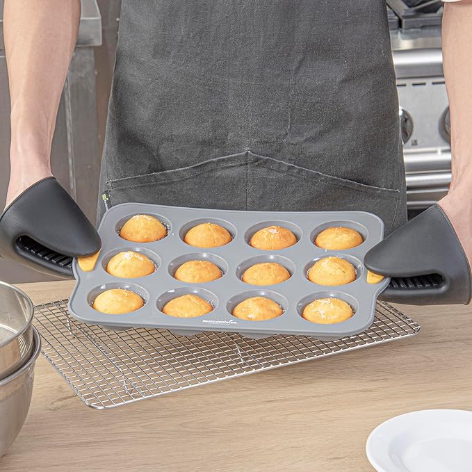 Restaurantware Silicone Baking Mold Pack of 1 Non-Stick Muffin Mold with Handles 12 Compartments, Oven-Friendly Dishwashable Freezer-Friendly Heat-Resistant Gray Silicone Cupcake Muffin Pan