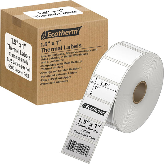 1.5" x 1" Thermal Labels | 4 Rolls | 5300 Labels | fits Zebra, Godex, Arkscan, iDPRT, Offnova Thermal Label Printers and More | Blank White Adhesive Stickers by Ecotherm