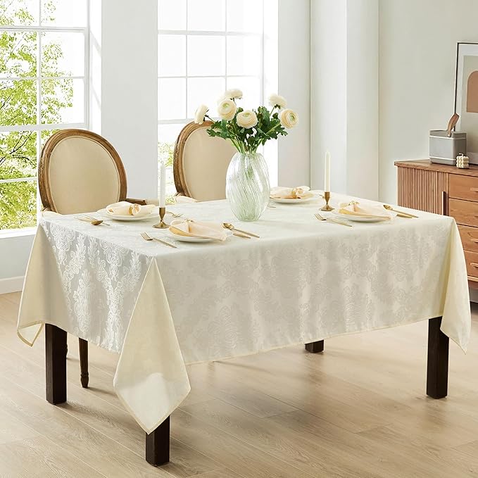 Newbridge Barcelona Luxury Damask Fabric Tablecloth, 52” Wide x 52” Square, Antique White, 100% Polyester, No Iron, Soil Resistant Dining Room, Party and Banquet Table Cover