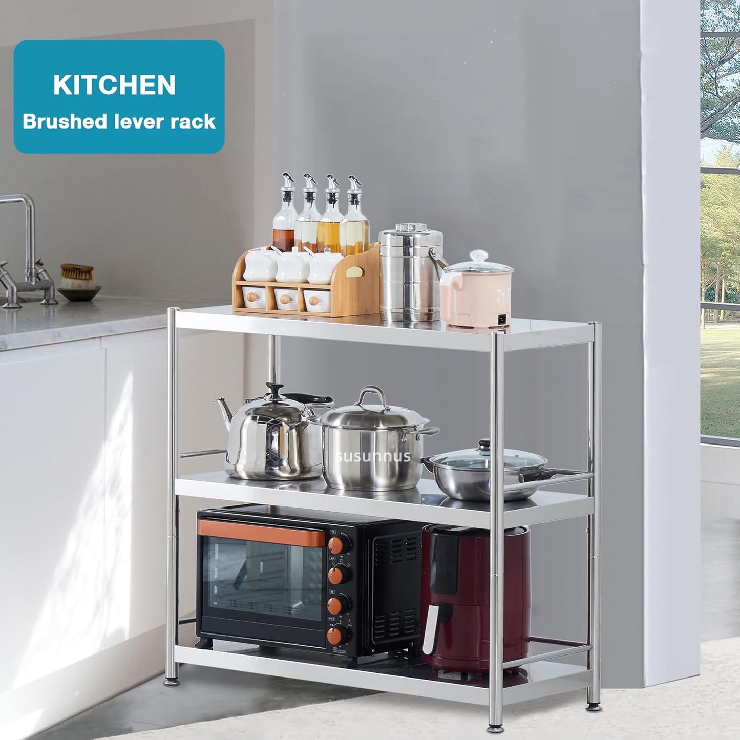 susunnus 5-Tier Stainless Steel Shelf, Heavy Duty Shelving for Kitchen, Garage, Industrial Storage, Kitchen Shelves with Guardrails, Adjustable Feet, Easy to Clean