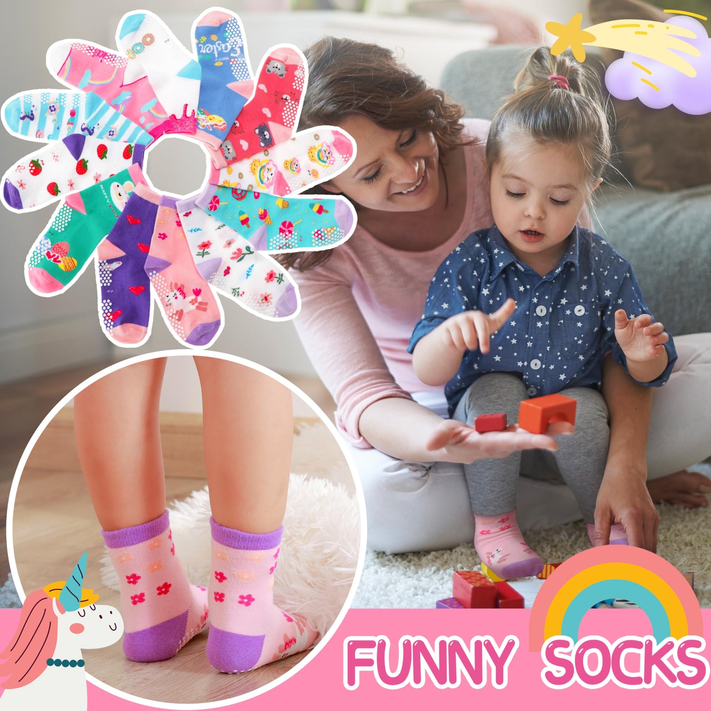 Welwoos Baby Girls Toddlers Grips Socks Kids Non Slip Anti Skid Funny Animal Cartoon Gift Cotton Socks with Grippers 12 Pairs Stocking Stuffers (Flower,3-5 Y)