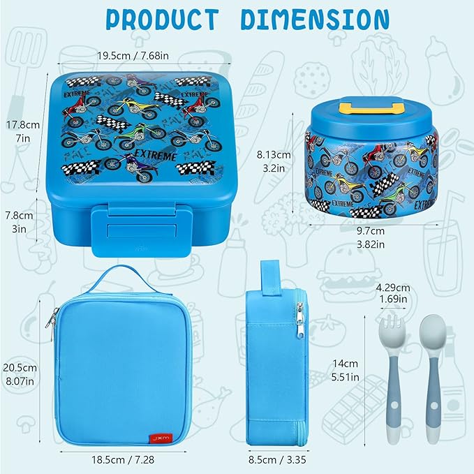 Bento Lunch Box for Kids With 8oz Soup thermo,Leak-proof Lunch Containers with 5 Compartment,thermo Food Jar and Lunch Bag, Food Containers for School (A-Blue(Extreme Locomotive))