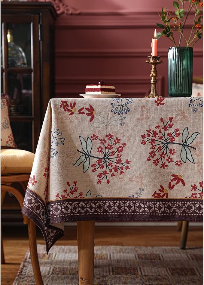 patdrea Designer French Linen Long Rectangle Tablecloth for Rectangle Table,Vintage Red Floral Tablecloths,Table Cover for Kitchen Dining,Tea Party,Christmas,Thanksgiving,Holiday,63"x102"-Newmari