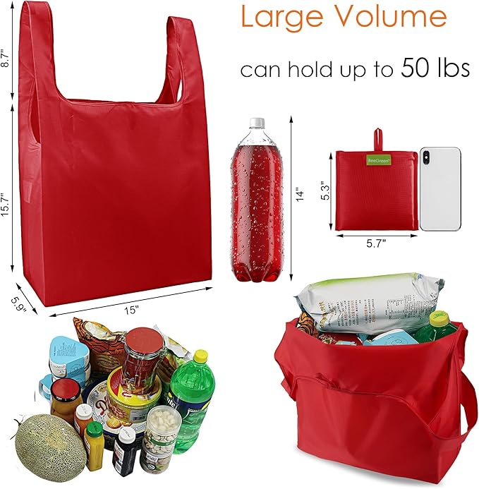 BeeGreen Christmas Red Reusable Shopping Bags Wholesale Reusable Grocery Bags Bulk Foldable-Machine Washable with Zipper Storage Pouch 20 Pieces