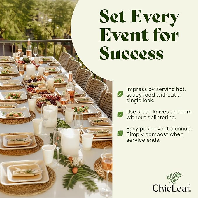 Chic Leaf Square Bamboo Palm Leaf Disposable Plates - 8" Pack of 100 - Biodegradable & Compostable Dinnerware - Disposable Party & Appetizer Plates - Eco-Friendly Dessert Trays