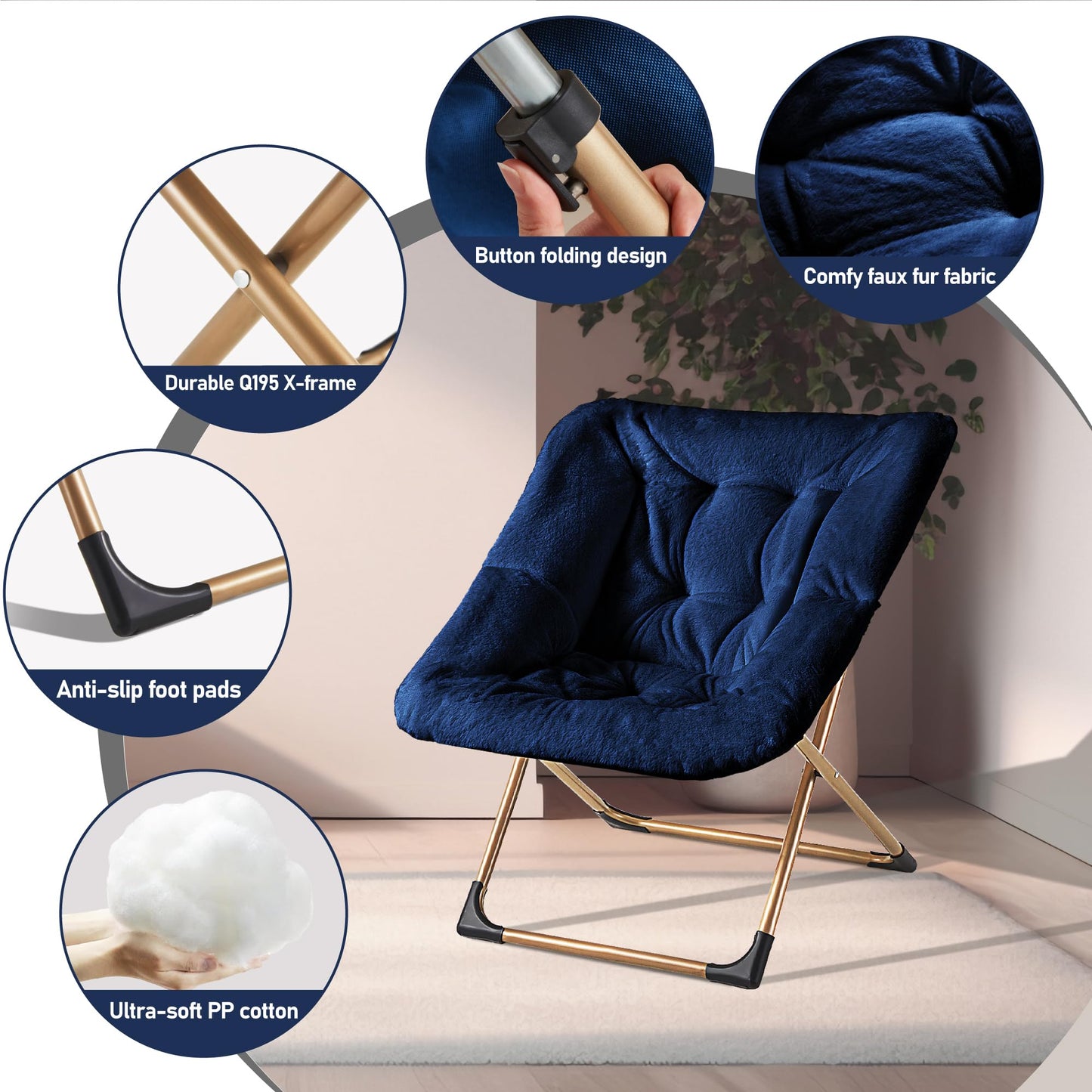 Youtanic Comfy Oversized Saucer Chair, Soft Faux Fur Reading Lounge Chair for Adults, Stable X-Large Metal Frame and Non-Slip Pad, Foldable Cozy Chairs for Bedroom, Living Room, Dorm, Office, Blue