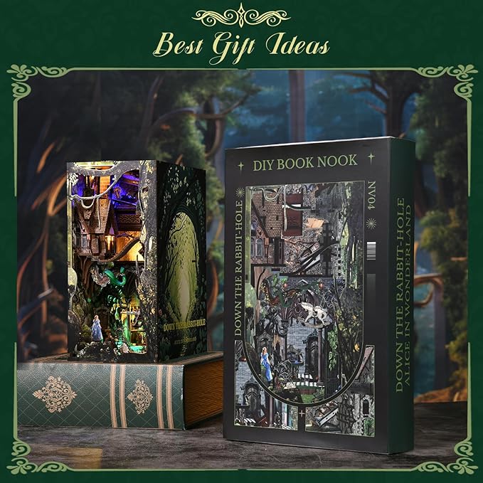 CCCDF Book Nook Kit, Booknook Kit with Dust Cover for Adult DIY Miniature House Kit 3D Wooden Puzzle Decorative Bookend Bookshelf Decor Gift for Women Teens (Alice Down The Rabbit Hole)