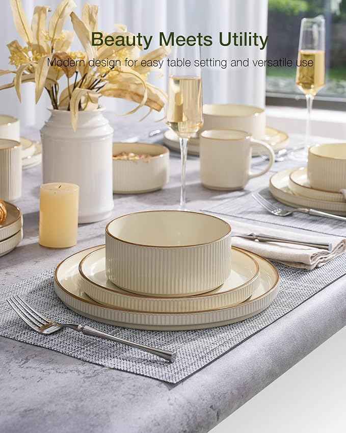 Famiware Star Dinnerware Set, Plates and Bowls Sets for 4 (12pcs), Ribbed Stoneware Dishes with Trim - Chip & Scratch Resistant, Microwave & Dishwasher Safe, Cream