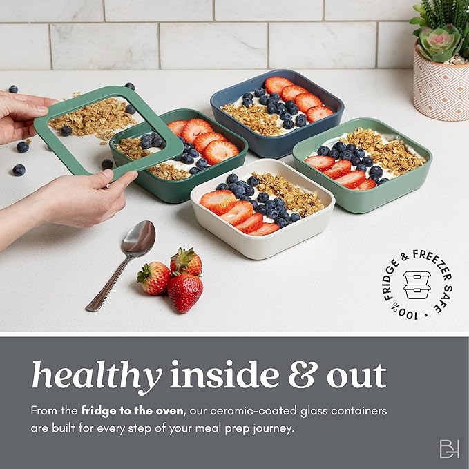 Ceramic Coated Glass Food Storage Container | No PTFE, PFOA, PFAS, and BPA | Reusable Non Toxic Meal Prep Container with Glass Lid | Easy To Store | 8 Cup Square [Crema]