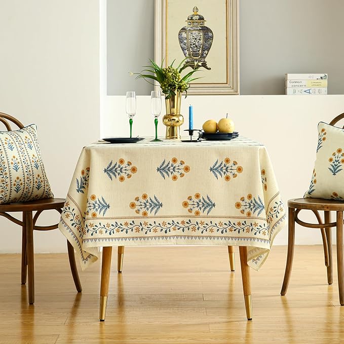 ISAENNE Designer French Pale Yellow Square Tablecloth,Linen Floral Table Cloth,Fall Wrinkle Resistant Decor Tablecloths for Dining Thanksgiving Banquet Kitchen Party,67"*67"-Estevan A
