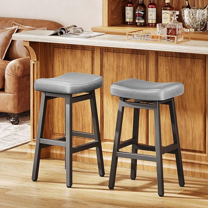 29 Inches Bar Stools Set of 2, Bar Height Barstools for Home Counter, Blackless Barstool with Bonded Leather Saddle Seats & Heavy Duty Metal Legs, Easy Assembly, All Black