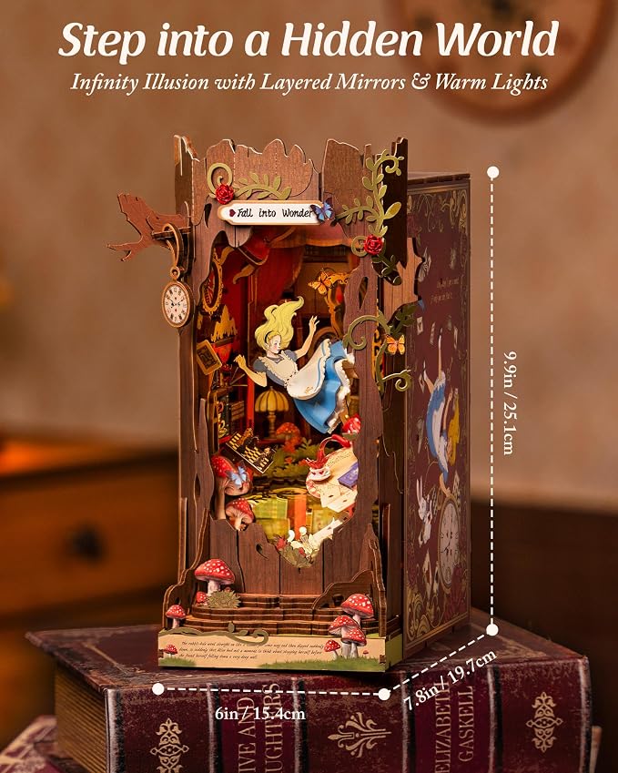 ROBOTIME Book Nook Kit, Fairy Tale Princess DIY Miniature House Kit, Fall into Wonder 3D Wooden Puzzle Bookends, Tiny House Bookshelf Decor Creative Decorative Unique Gifts for Adults & Teens
