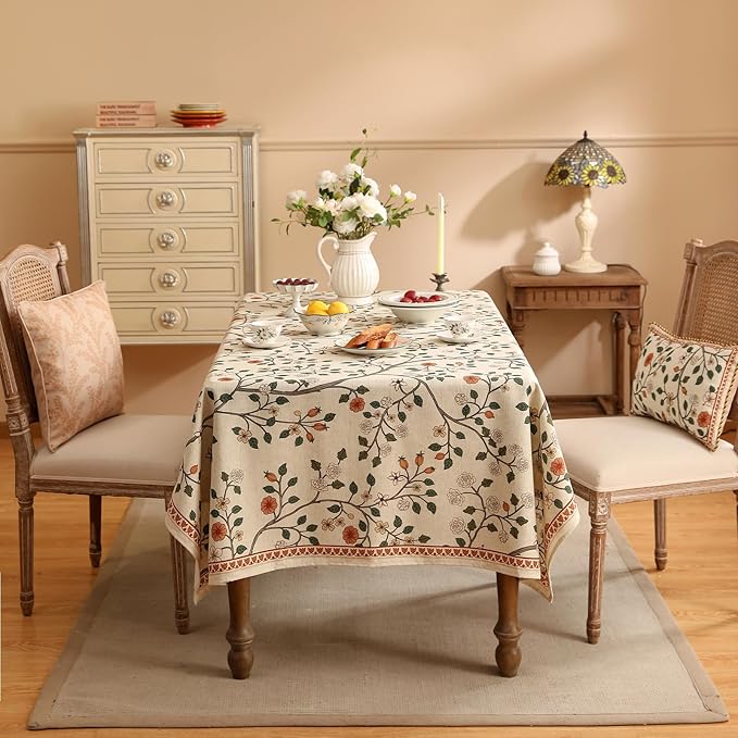 ISAENNE Designer Floral Long Rectangle Tablecloth,French Linen Light Beige Indoor Table Cloth,Fall Wrinkle Resistant Decor Tablecloths for Dining Thanksgiving Kitchen Party,63"*102"-Flora A