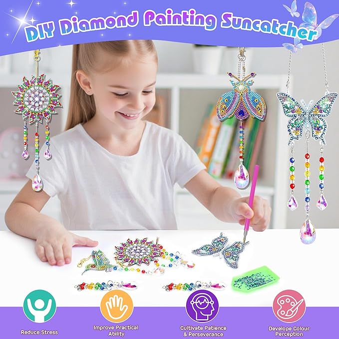 5Pcs Diamond art Kits for Kids/Adults, Crafts for Kids Ages 8-12, DIY Diamond Painting art Wind Chimes Crystal Window Suncatcher Craft, Birthday Gifts for 7 8 9 10 11 Year Old Girls, Home Garden Decor