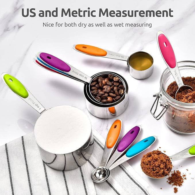 Measuring Cups and Spoons Set: U-Taste 18/8 Stainless Steel 10 Pieces Stacking Kitchen Baking Cooking Food Measure Set 5 Cups 5 Spoons with Strengthened Weld Joints (Multicolors, Upgraded Version)