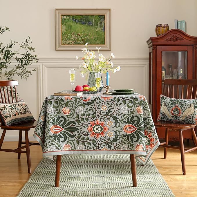 ISAENNE Designer Bohemian Linen Green Small Rectangular Tablecloth,Floral Indoor Table Cloth,Stain Resistant Decor Tablecloths for Dining Thanksgiving Kitchen Party Christmas,55"*71"-Naples