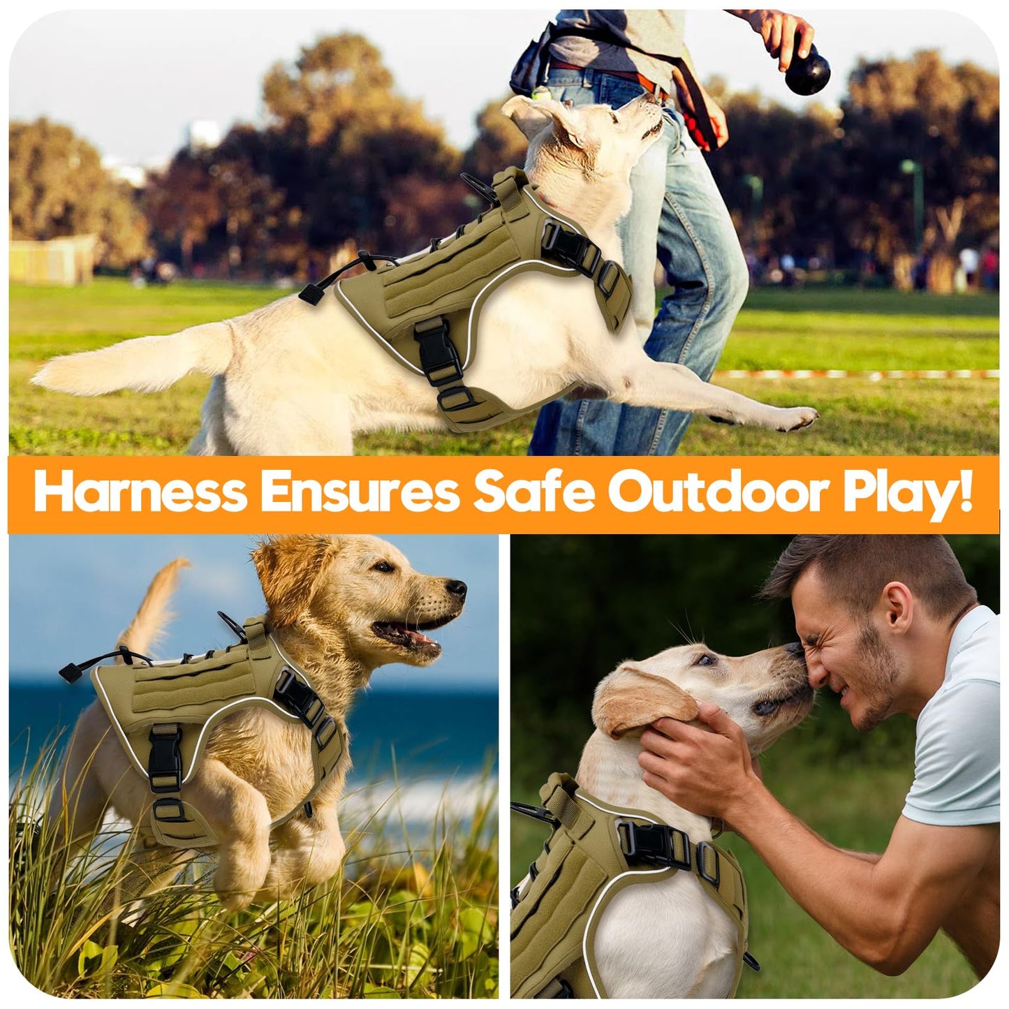 Heavy-Duty Tactical Dog Harness for Large Dogs, No Pull Adjustable Reflective Pet Vest with Molle System, K9 Military-Grade Control for Service Training, Outdoor & 10+ Breeds, Khaki, Large