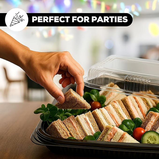 5 Pack Catering Trays with Lids – 17" Serving Tray with Lid, Heavy Duty Recyclable Plastic Party Platters for Catering, Buffet, Picnics & Events – Food Trays with Clear Lid (17.72 x 12.20 x 2.95 inch)